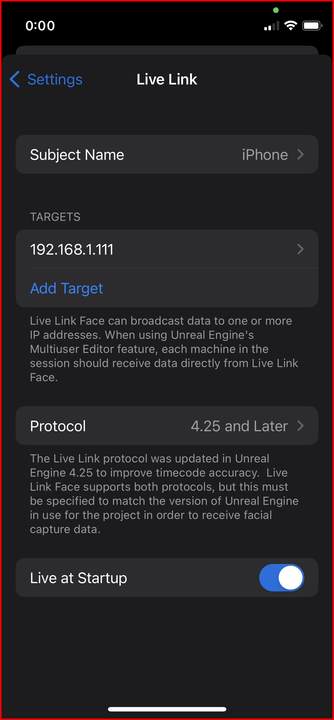 Example Live Link Streaming setting with target PC IP address