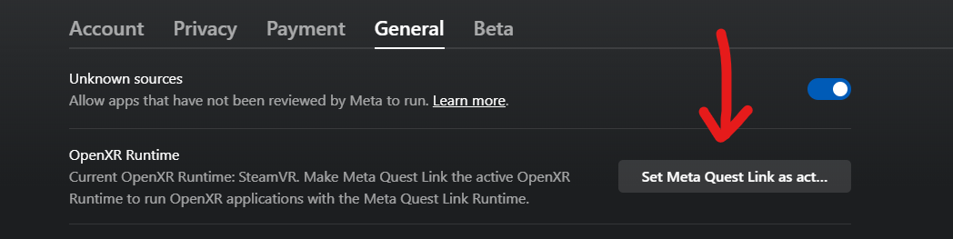 Meta Quest PC App General Tab