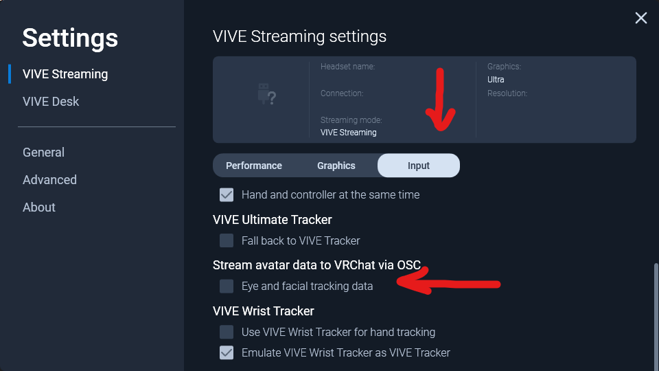 Vive Streaming Eye and Face tracking toggle