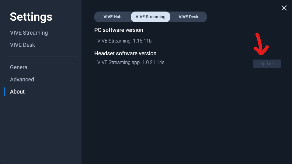 Headset software version Update button